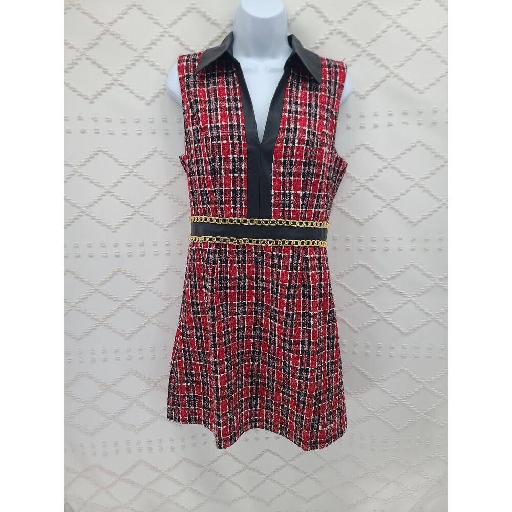 Twee Dark Academia Preppy Venus plaid faux leather a line dress Size 8 Festive - Picture 3 of 8